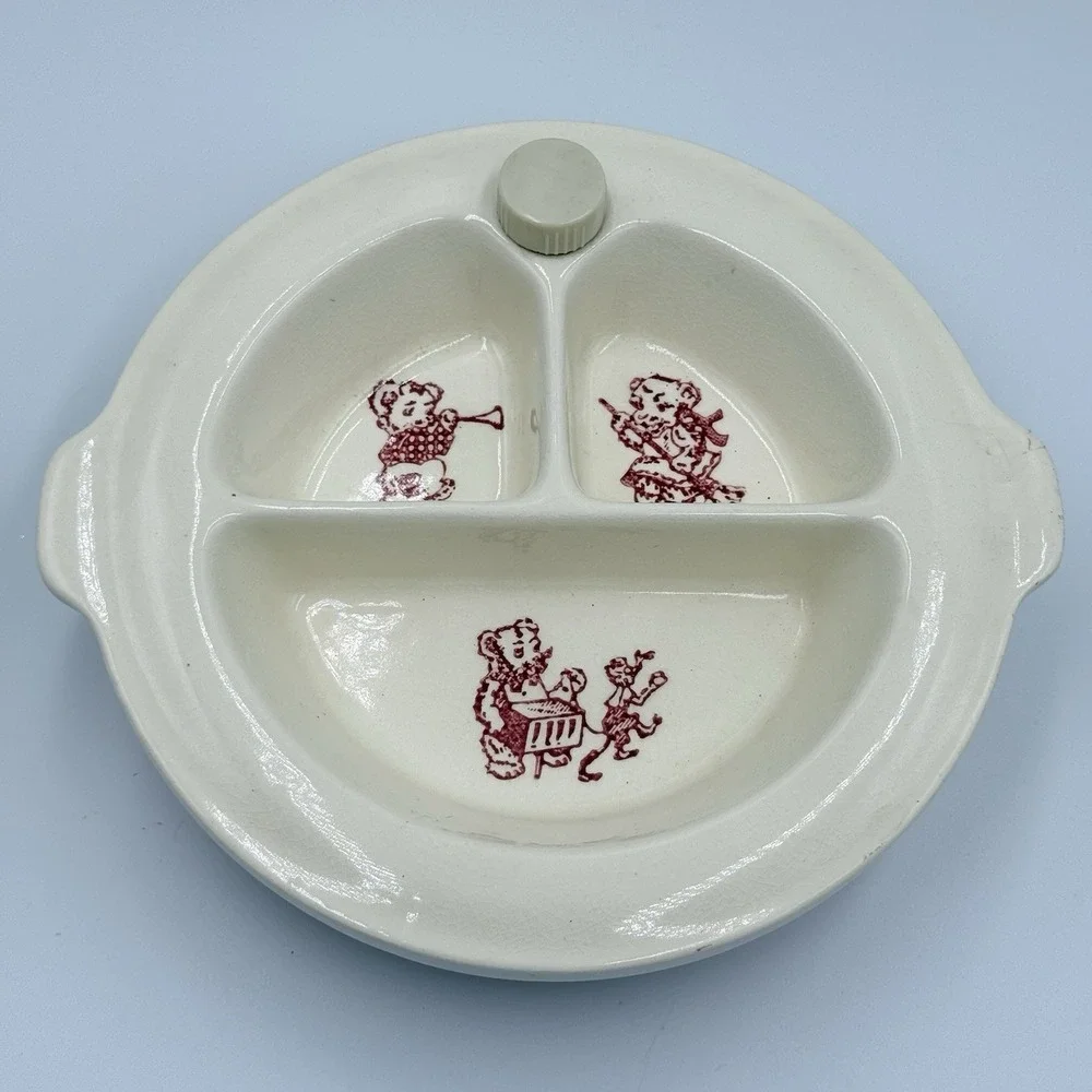 Vintage Baby Warming Dish Bowl Ceramic Pink Bears 1940s With Cork Plug